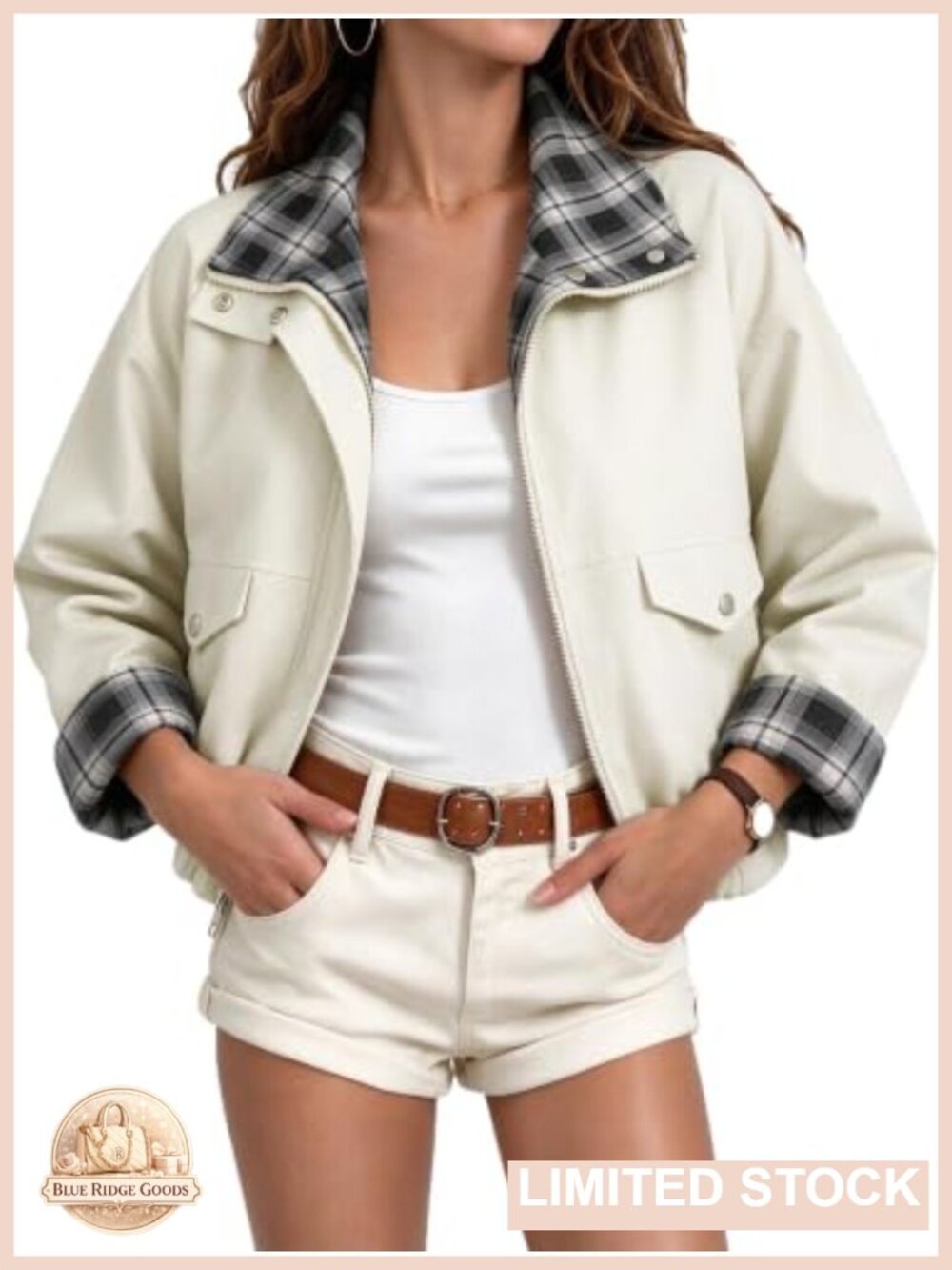 Cropped Bomber Jacket Plaid Collar Zip Up Casual Fall Coat